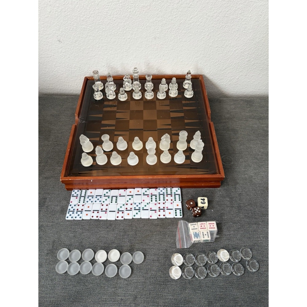 Vintage Deluxe Glass Chess/Backgammon Set Clear & Frosted 12x12 W/ Wooden Box